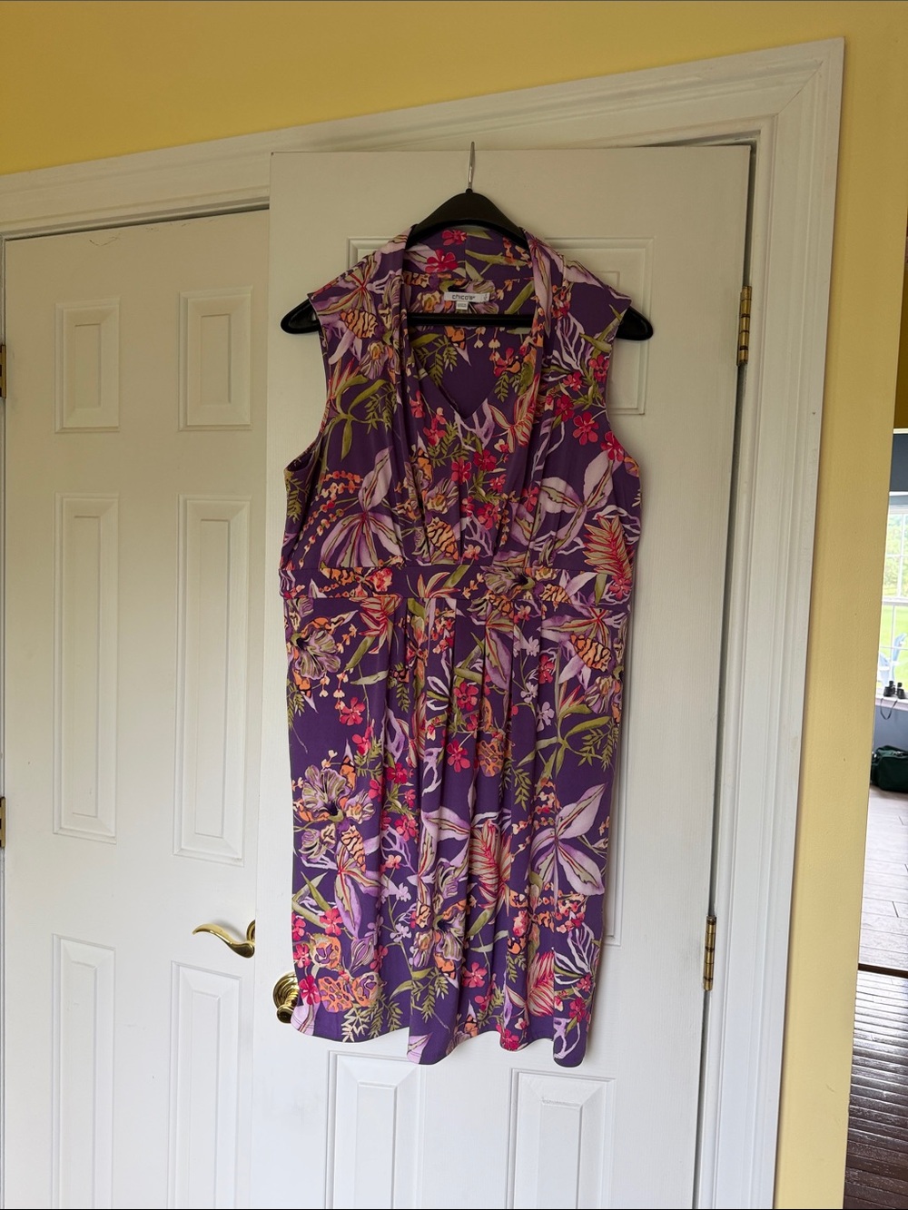 Chico's Pleated Jersey  Purple Tropical Floral Sleeveless V-Neck Dress